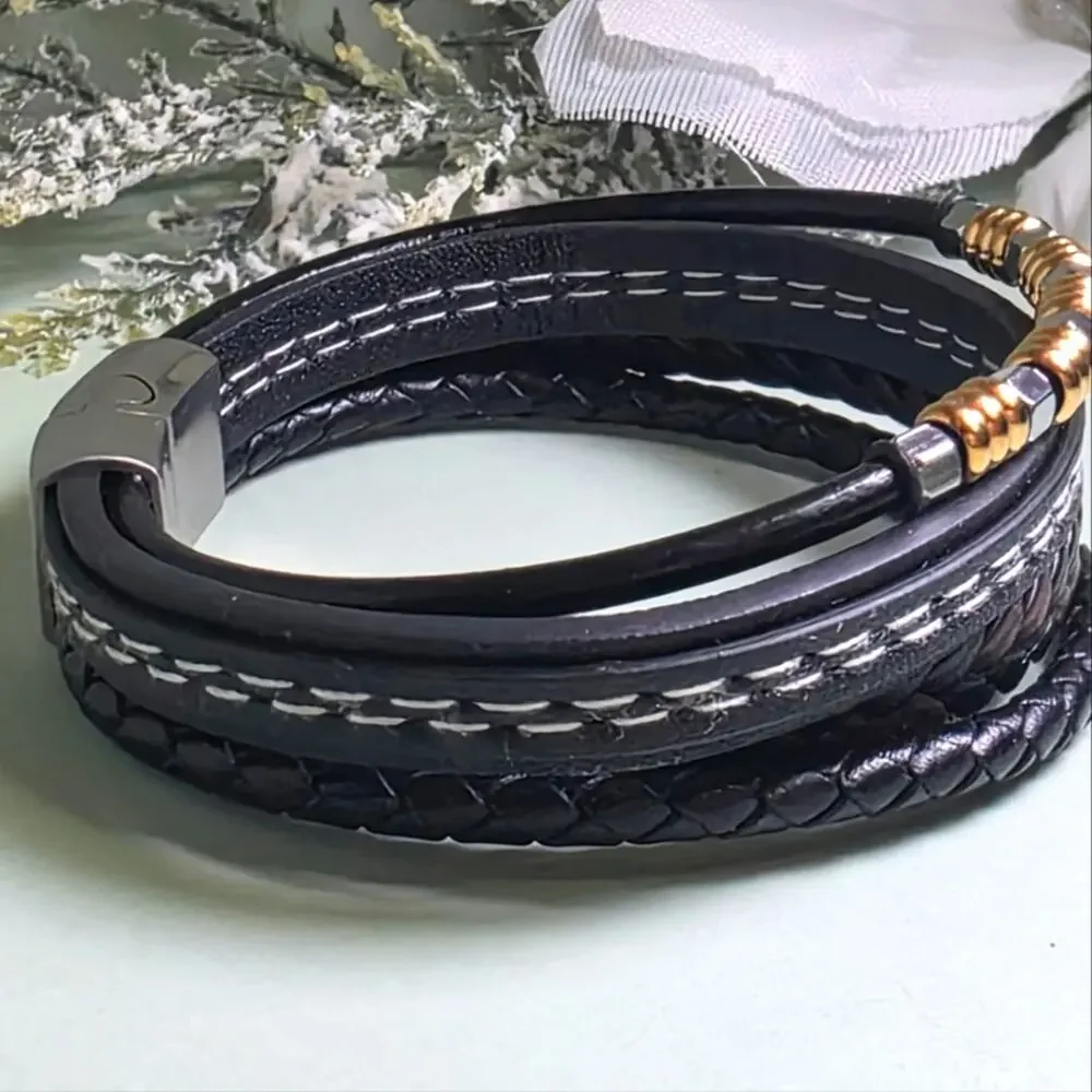 Black & Brown Genuine Braided  Leather & Gold & Silver Titanium